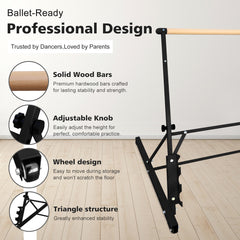 3.5FT Black Solid Wood Ballet Barre With Adjustable Range Of 31.5-39.5 Inches For Dance Practice