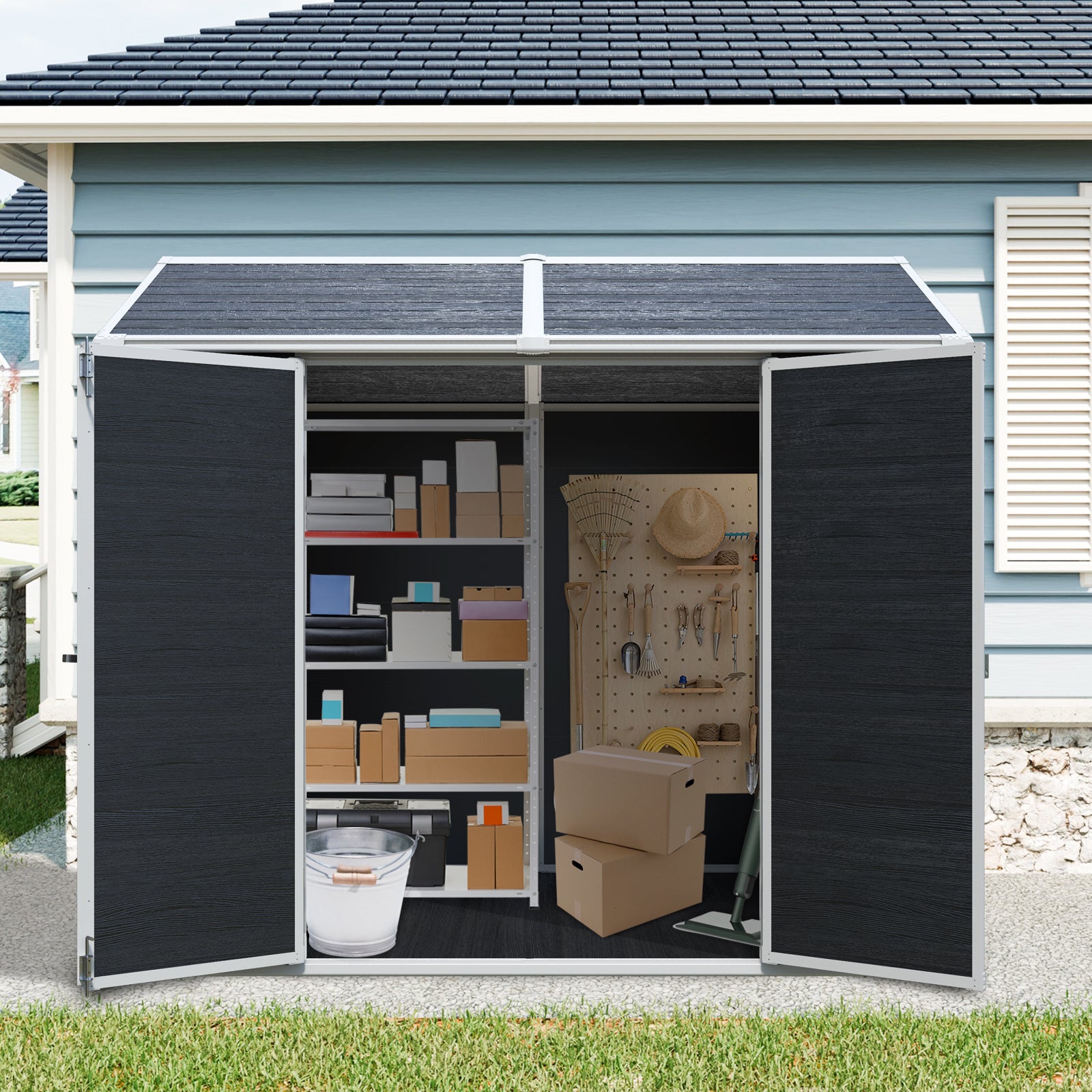 8 x 6ft  Resin Outdoor Storage Shed Waterproof Shed with Floor & Two Windows & Lockable Door, Tool Shed for Garden, Patio, Backyard ,Black