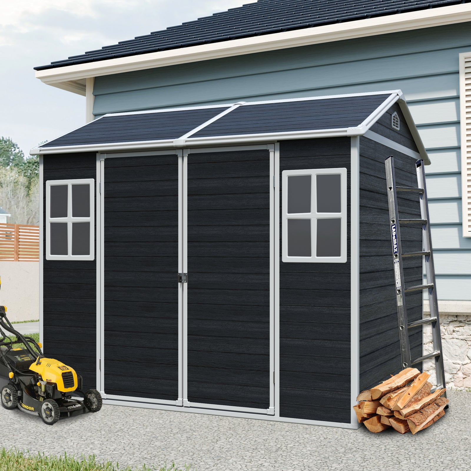8 x 6ft  Resin Outdoor Storage Shed Waterproof Shed with Floor & Two Windows & Lockable Door, Tool Shed for Garden, Patio, Backyard ,Black