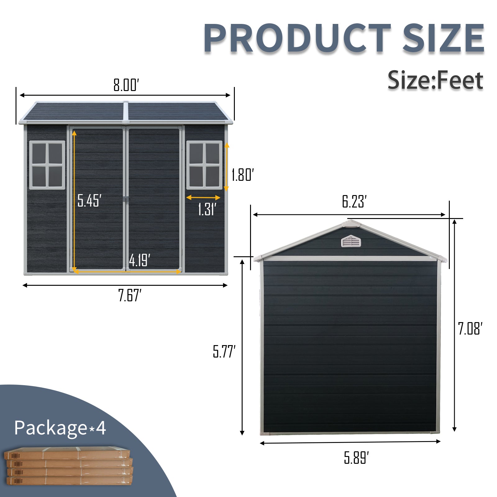 8 x 6ft  Resin Outdoor Storage Shed Waterproof Shed with Floor & Two Windows & Lockable Door, Tool Shed for Garden, Patio, Backyard ,Black