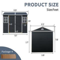 8 x 6ft  Resin Outdoor Storage Shed Waterproof Shed with Floor & Two Windows & Lockable Door, Tool Shed for Garden, Patio, Backyard ,Black
