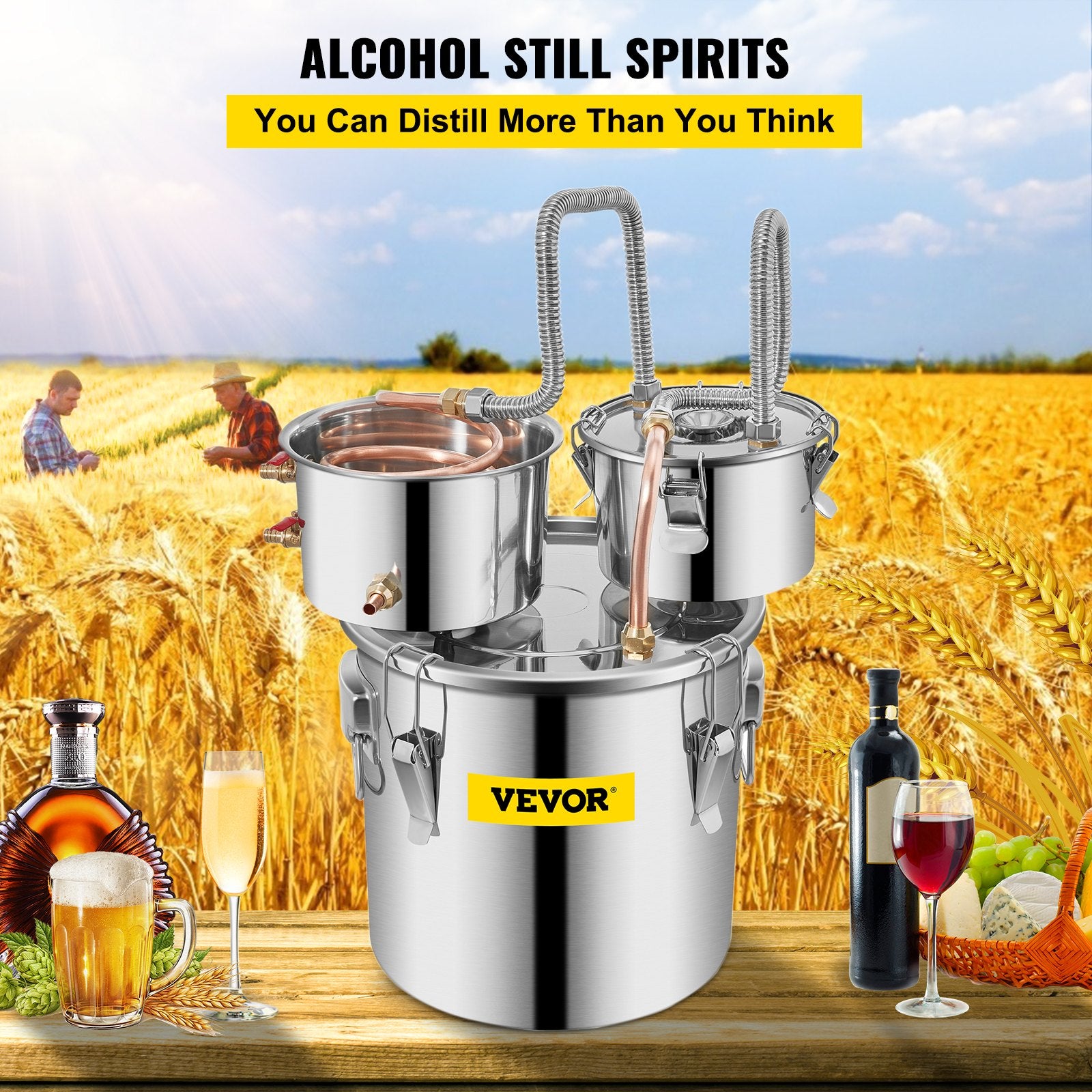 Alcohol Still 5 Gal 19L Water Alcohol Distiller Copper Tube With Circulating Pump Home Brewing Kit Build-in Thermometer for DIY Whisky Wine Brandy, Stainless Steel, 3 Pots