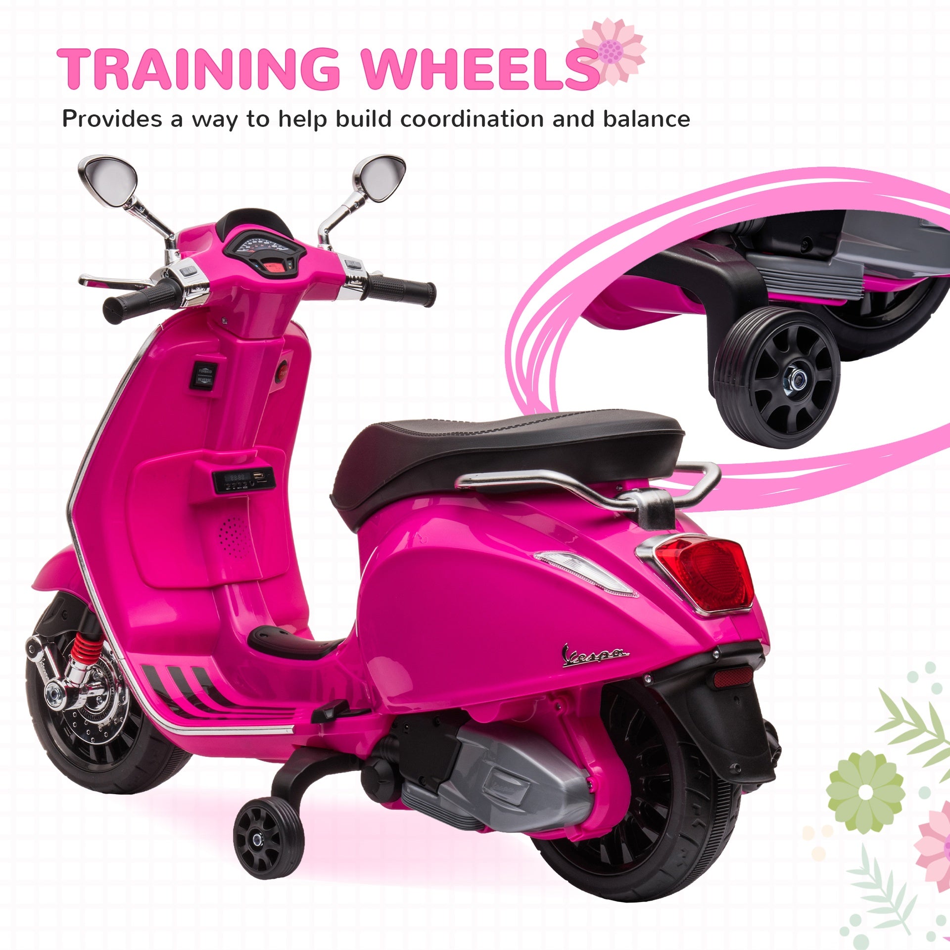 Qaba Vespa Licensed Electric Motorcycle for Kids, 6V Toddler Motorcycle, Battery-Operated Motorbike for Kids with Music, FM Radio, Headlight, Single Button Start for 3-6 Years, Pink