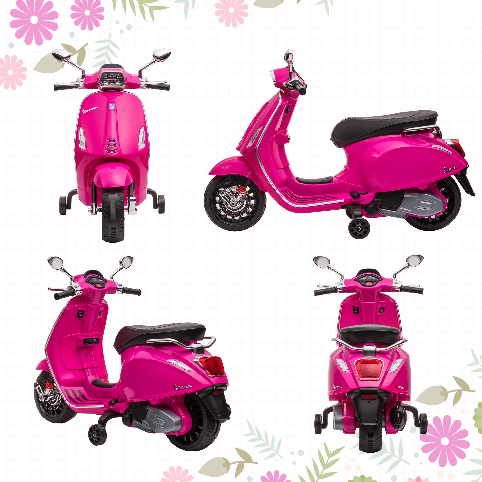 Qaba Vespa Licensed Electric Motorcycle for Kids, 6V Toddler Motorcycle, Battery-Operated Motorbike for Kids with Music, FM Radio, Headlight, Single Button Start for 3-6 Years, Pink