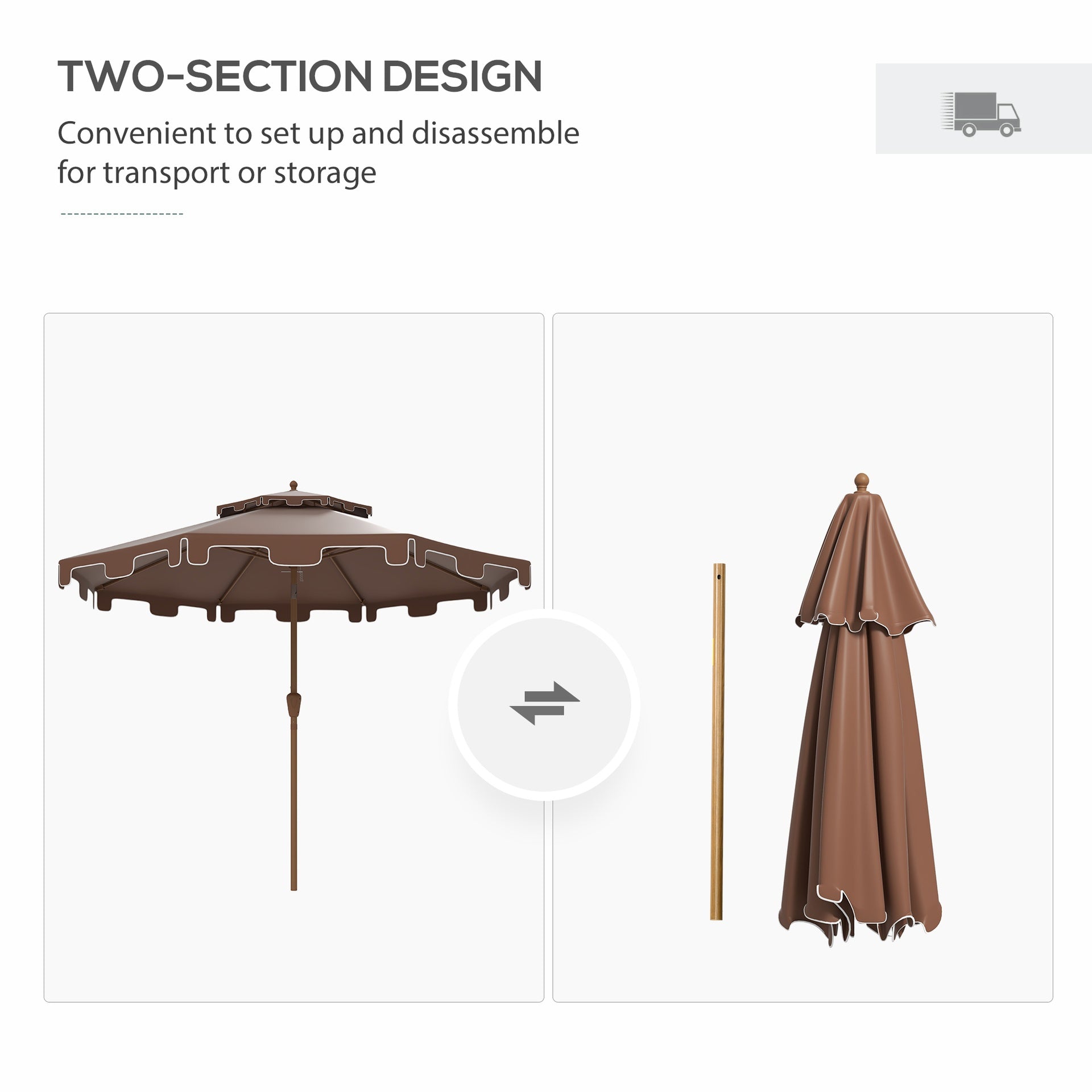 Outsunny 9' Patio Umbrella with Push Button Tilt and Crank, Double Top Ruffled Outdoor Market Table Umbrella with 8 Ribs, for Garden, Deck, Pool, Brown