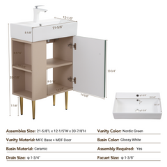 21.6" Open-Shelving Vanity with Ceramic Sink and Soft-Close Door, Cloakroom Storage Cabinet on Left Side, Assembly Required, Green Finish. 24VB06-21LVL CONTACT SELLER FOR STOCK-W1920S00191