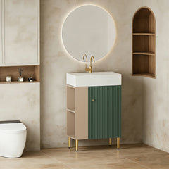 21.6" Open-Shelving Vanity with Ceramic Sink and Soft-Close Door, Cloakroom Storage Cabinet on Left Side, Assembly Required, Green Finish. 24VB06-21LVL CONTACT SELLER FOR STOCK-W1920S00191