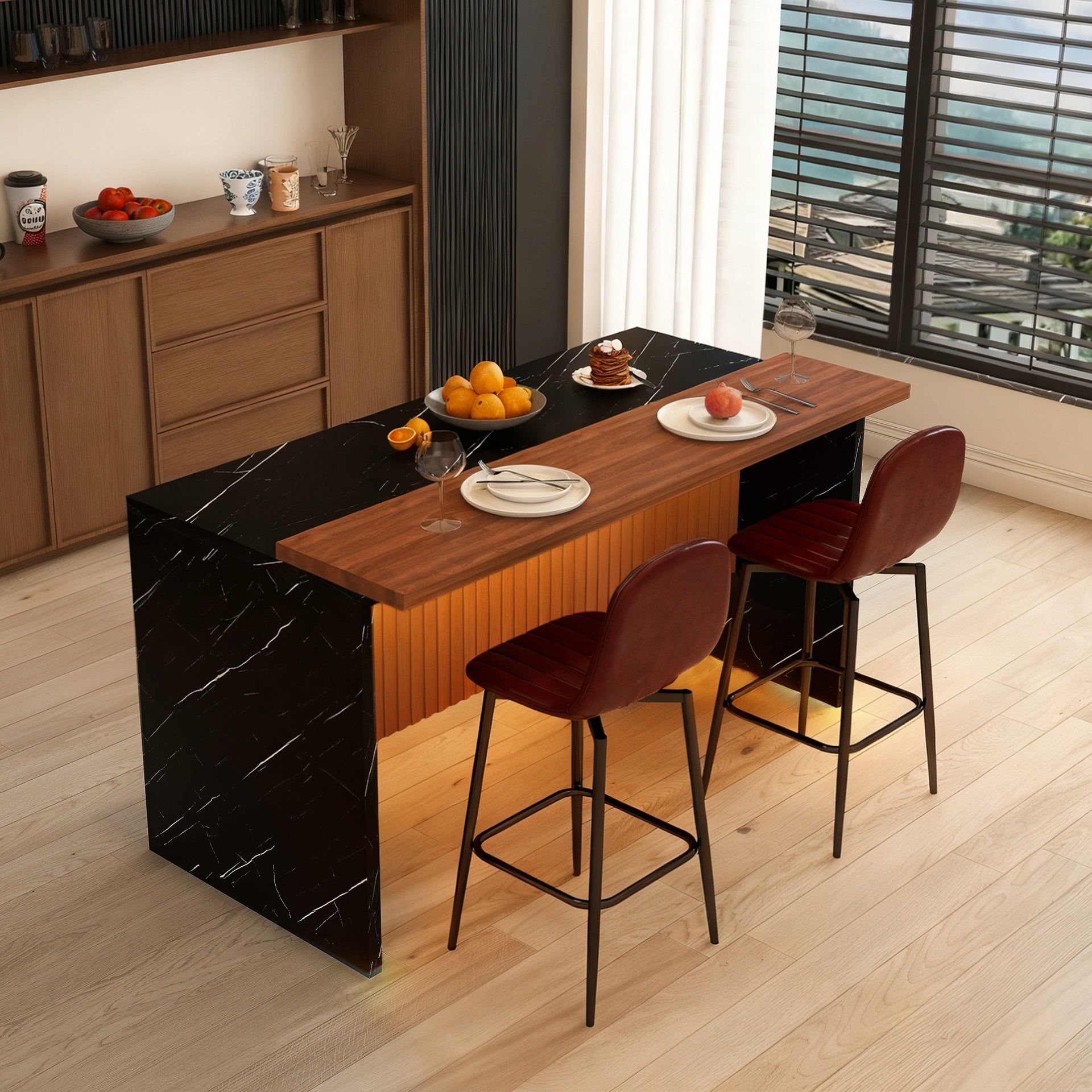 63-inch Modern Kitchen Island Set with 2 Dark Brown Bar Stools - Black Marble Look Surface, LED Lighting & Grill Design for Dining Room, Open Concept Spaces, Lounge(2 Dark Brown Bar Stools)