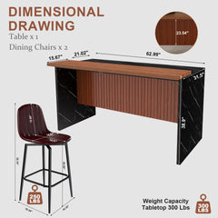 63-inch Modern Kitchen Island Set with 2 Dark Brown Bar Stools - Black Marble Look Surface, LED Lighting & Grill Design for Dining Room, Open Concept Spaces, Lounge(2 Dark Brown Bar Stools)
