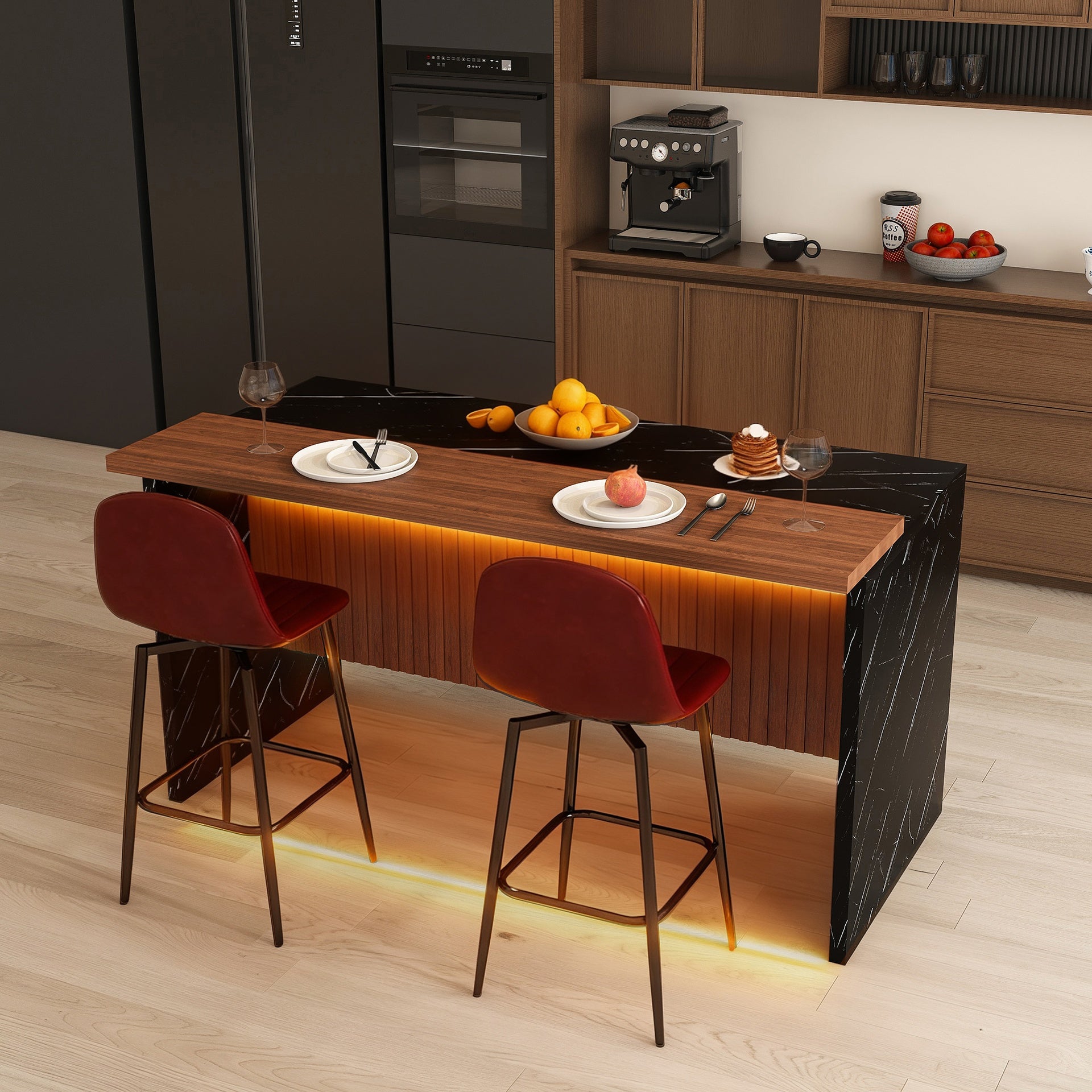 63-inch Modern Kitchen Island Set with 2 Dark Brown Bar Stools - Black Marble Look Surface, LED Lighting & Grill Design for Dining Room, Open Concept Spaces, Lounge(2 Dark Brown Bar Stools)