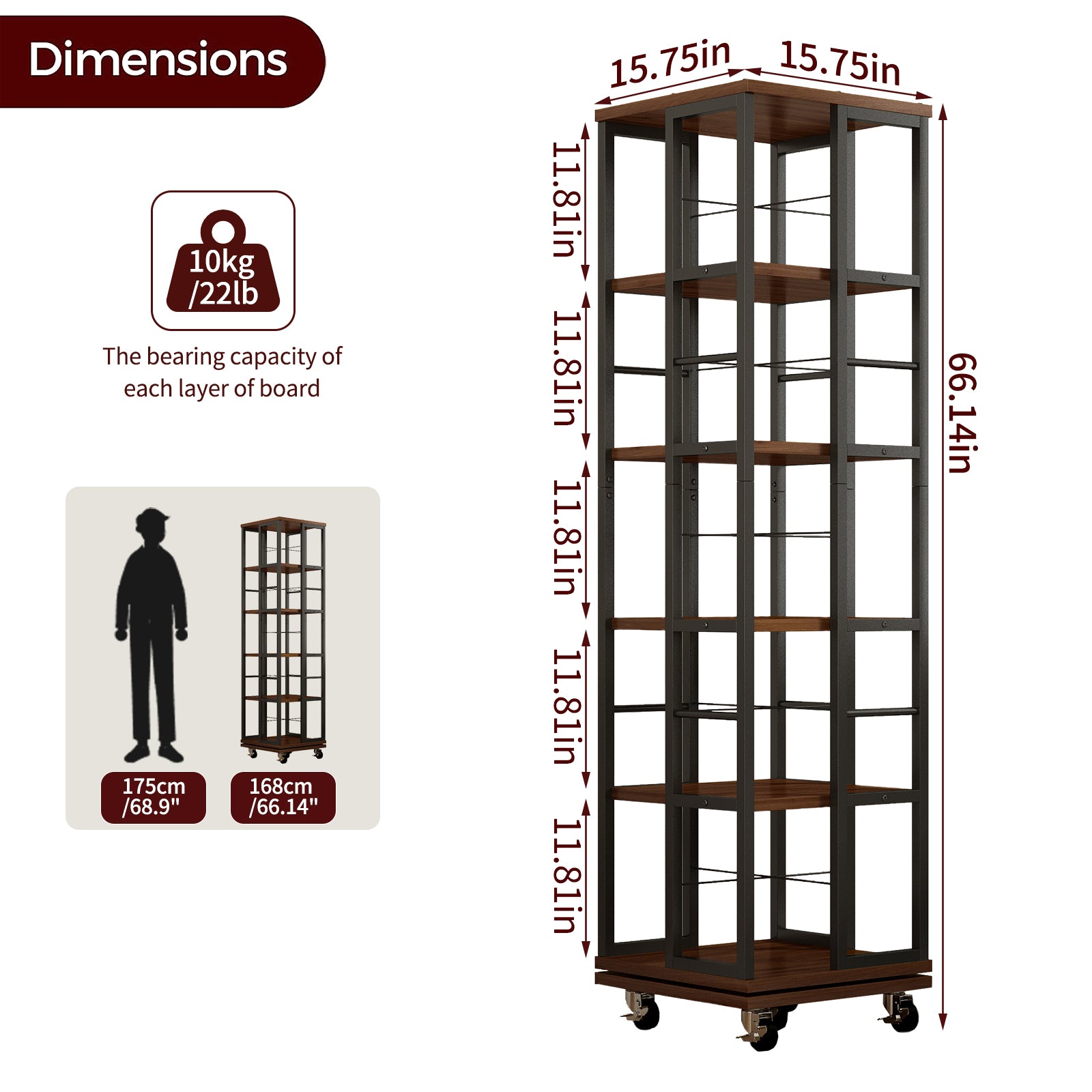5 Tiers Rotating Bookshelf, Corner Bookcase, 360 Display Wood Spinning Bookshelves, Floor Standing Bookcase Narrow Shelf, Rustic Brown