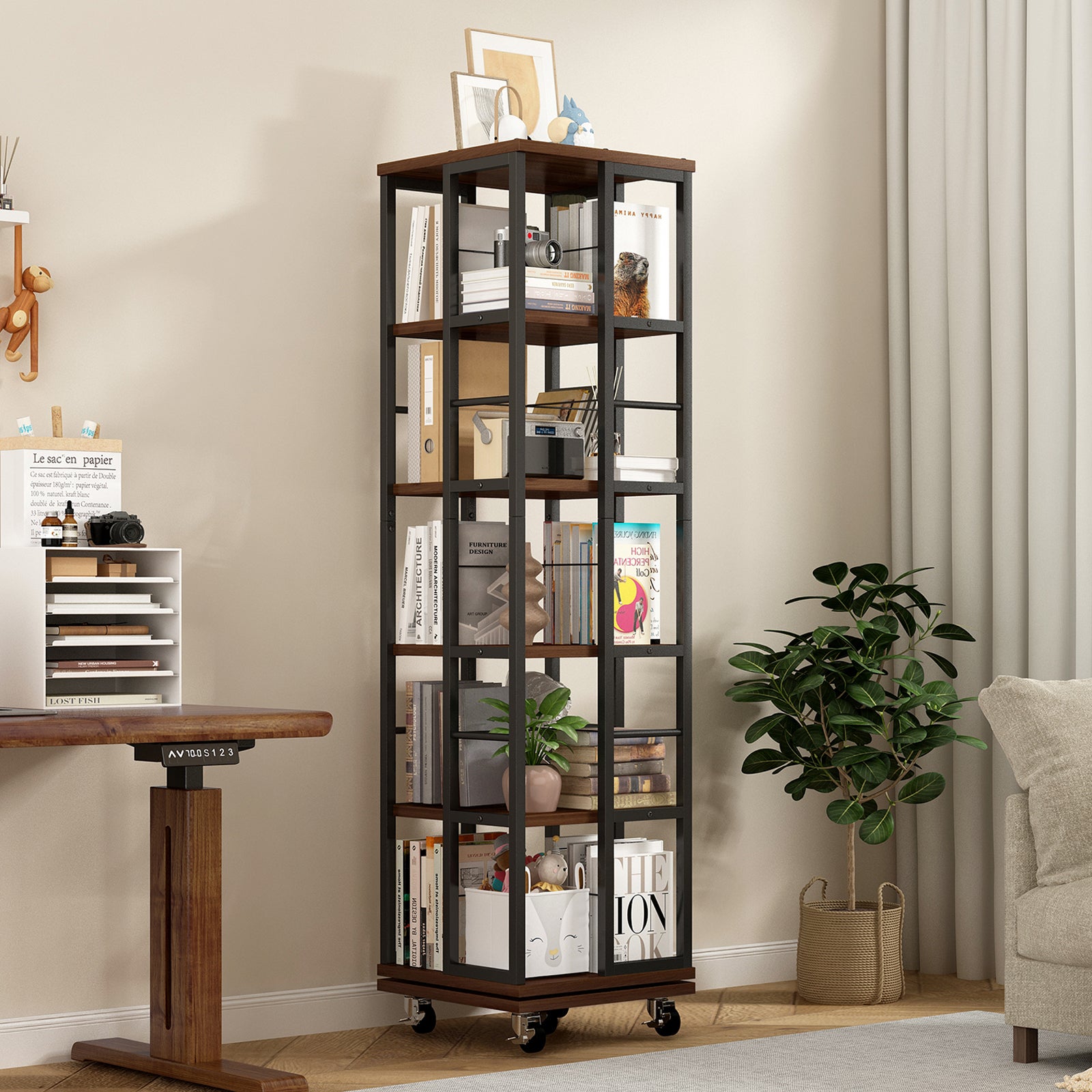 5 Tiers Rotating Bookshelf, Corner Bookcase, 360 Display Wood Spinning Bookshelves, Floor Standing Bookcase Narrow Shelf, Rustic Brown