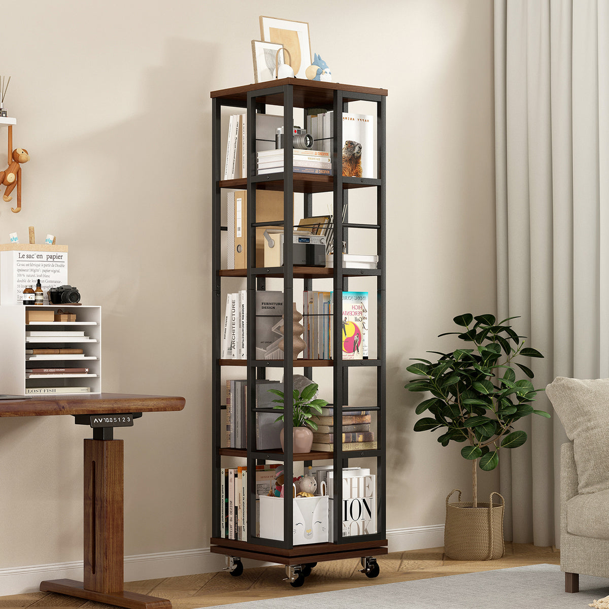 5 Tiers Rotating Bookshelf, Corner Bookcase, 360 Display Wood Spinning Bookshelves, Floor Standing Bookcase Narrow Shelf, Rustic Brown