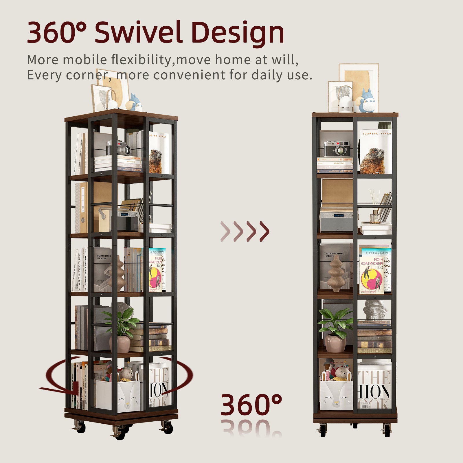5 Tiers Rotating Bookshelf, Corner Bookcase, 360 Display Wood Spinning Bookshelves, Floor Standing Bookcase Narrow Shelf, Rustic Brown