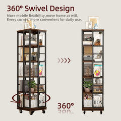 5 Tiers Rotating Bookshelf, Corner Bookcase, 360 Display Wood Spinning Bookshelves, Floor Standing Bookcase Narrow Shelf, Rustic Brown