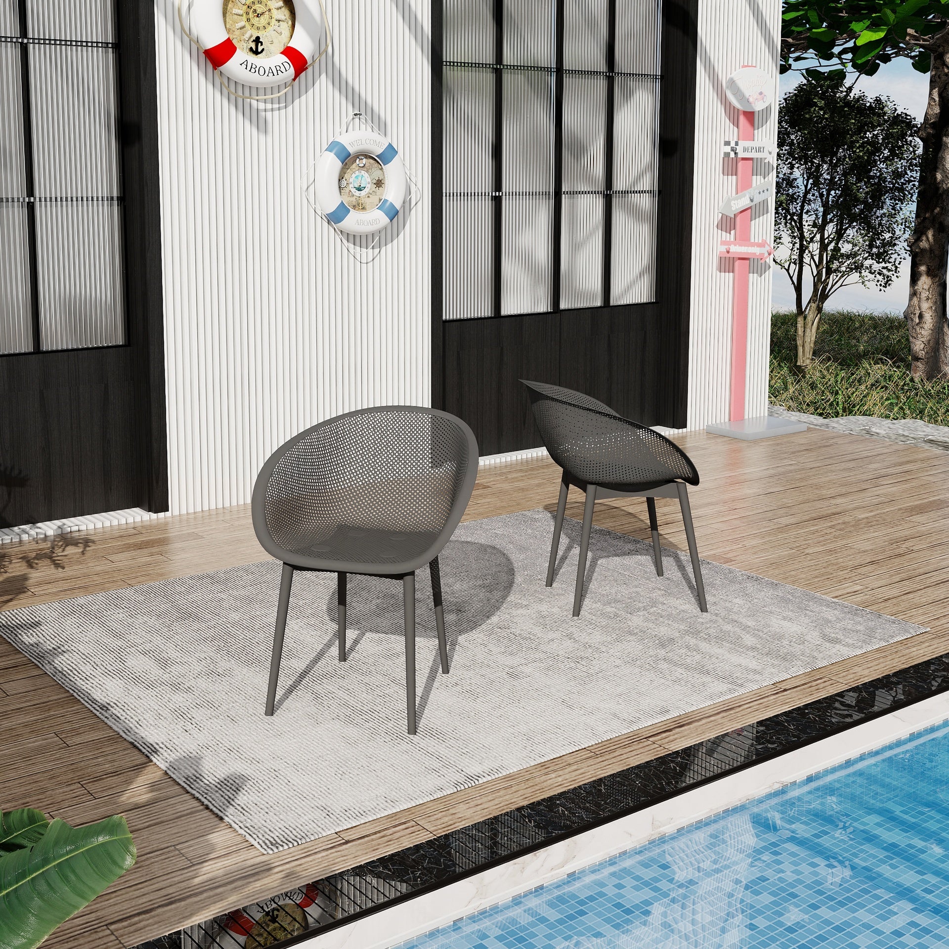 Holiday - 2-Pack Modern Lounge Chairs – Indoor/Outdoor All-Weather PP Plastic, Lightweight  for Patio, Beach, Living Room (Warm Grey)