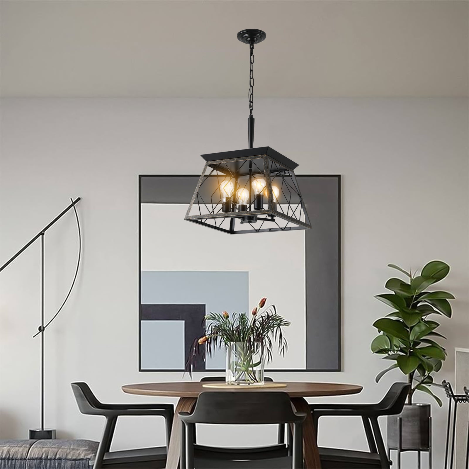 16" Black Gold Industrial 4-Light Pendant Chandelier, Modern Metal Cage Design, Adjustable Hanging Light for Dining Room, Kitchen, Living Room (No Bulbs)