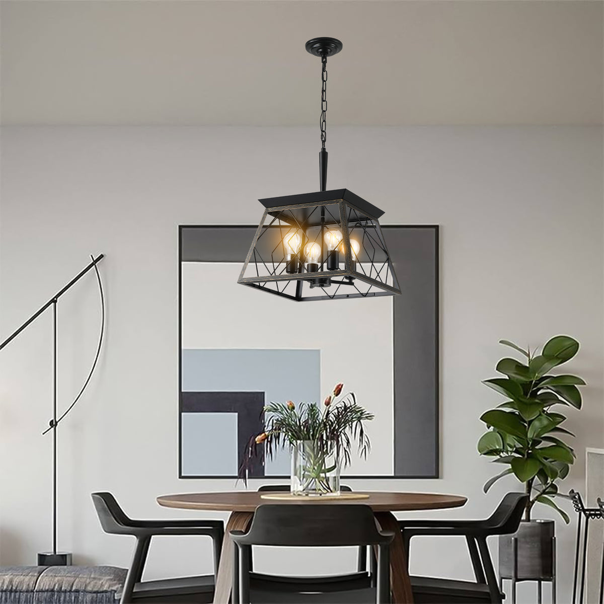 16" Black Gold Industrial 4-Light Pendant Chandelier, Modern Metal Cage Design, Adjustable Hanging Light for Dining Room, Kitchen, Living Room (No Bulbs)