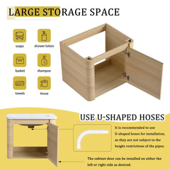 24'' Wall-Mounted Bathroom Vanity with White Ceramic Sink & 1-Soft-Close Door, KD-Packing, Plywood, American White Oak