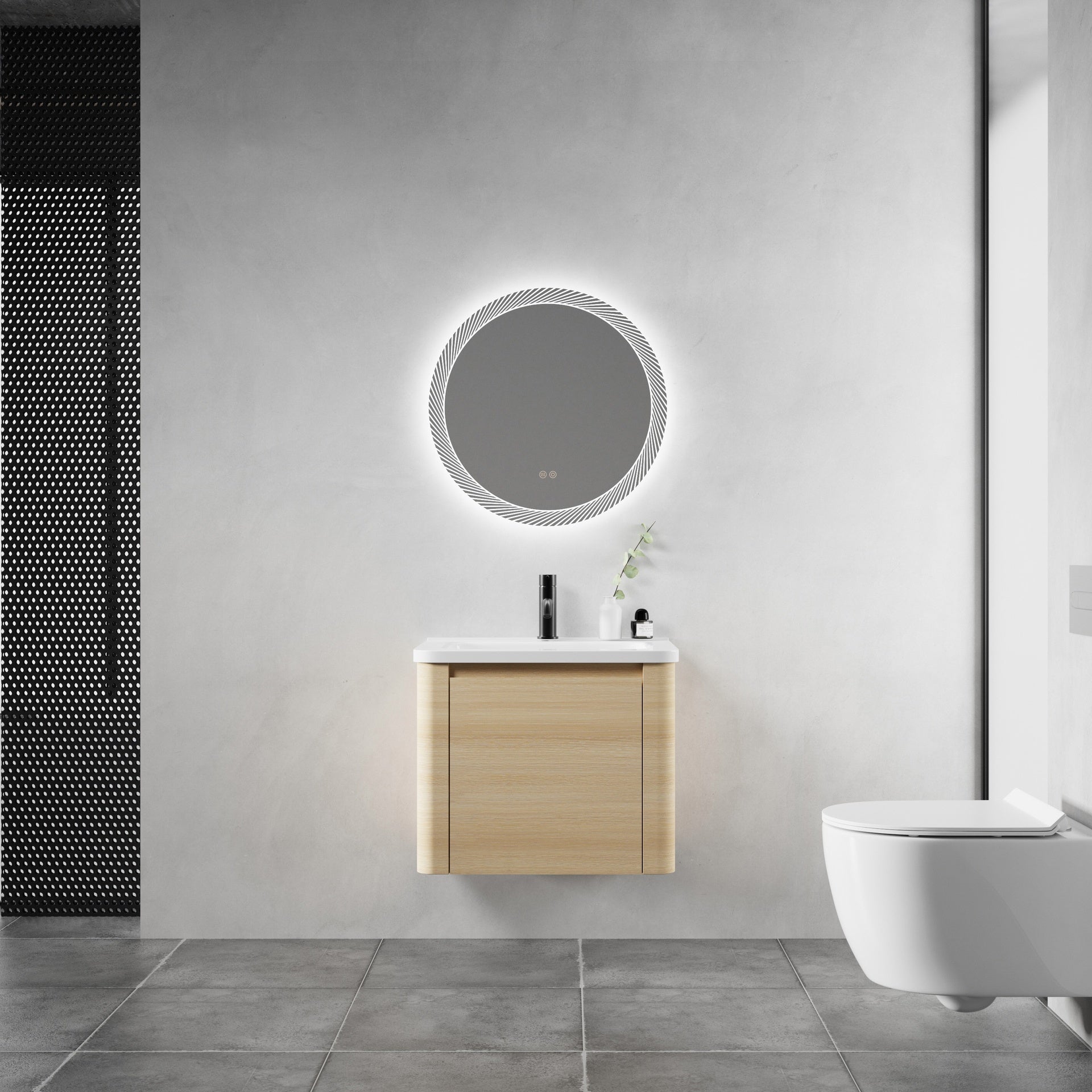 24'' Wall-Mounted Bathroom Vanity with White Ceramic Sink & 1-Soft-Close Door, KD-Packing, Plywood, American White Oak