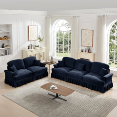 Classic 2 Piece Modular Couch Living Room Sofa Set with Flared Arms and Removable Ruffles Pleats Skirts and Spindle Legs, 3 Seater Sofa + 2-Seat Loveseat Sofa Sets for Living Room, Blue