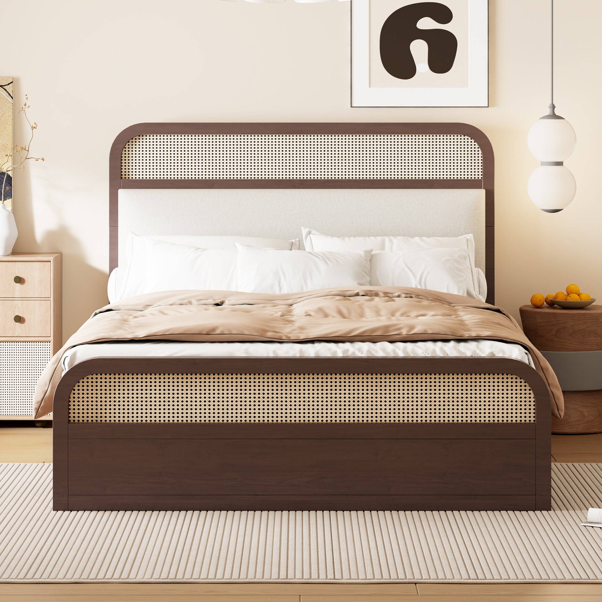 Queen size Wooden Platform Bed with Trundle and 2 Drawers,Espresso