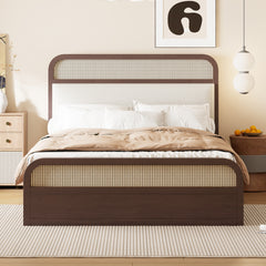 Queen size Wooden Platform Bed with Trundle and 2 Drawers,Espresso