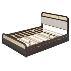 Queen size Wooden Platform Bed with Trundle and 2 Drawers,Espresso