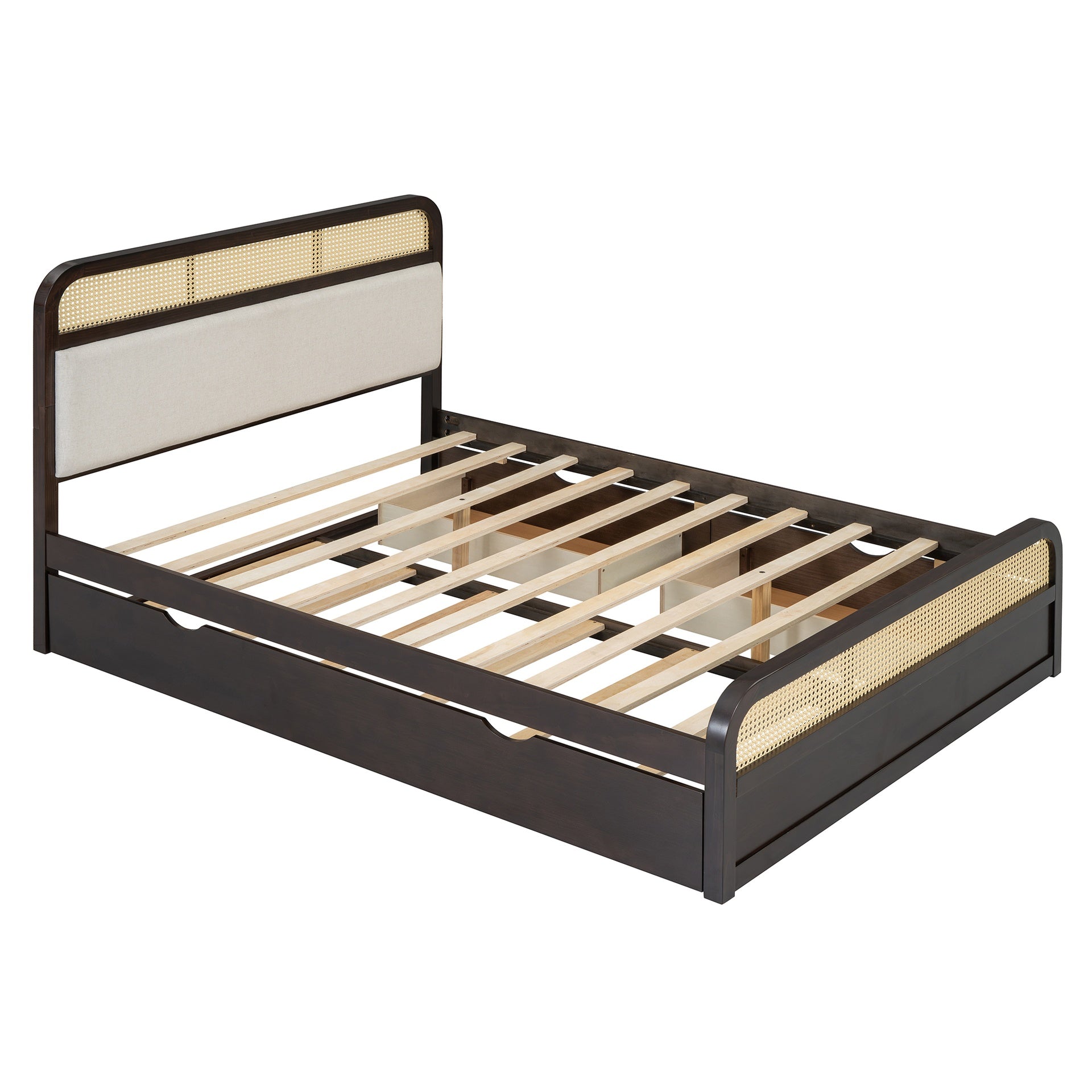 Queen size Wooden Platform Bed with Trundle and 2 Drawers,Espresso