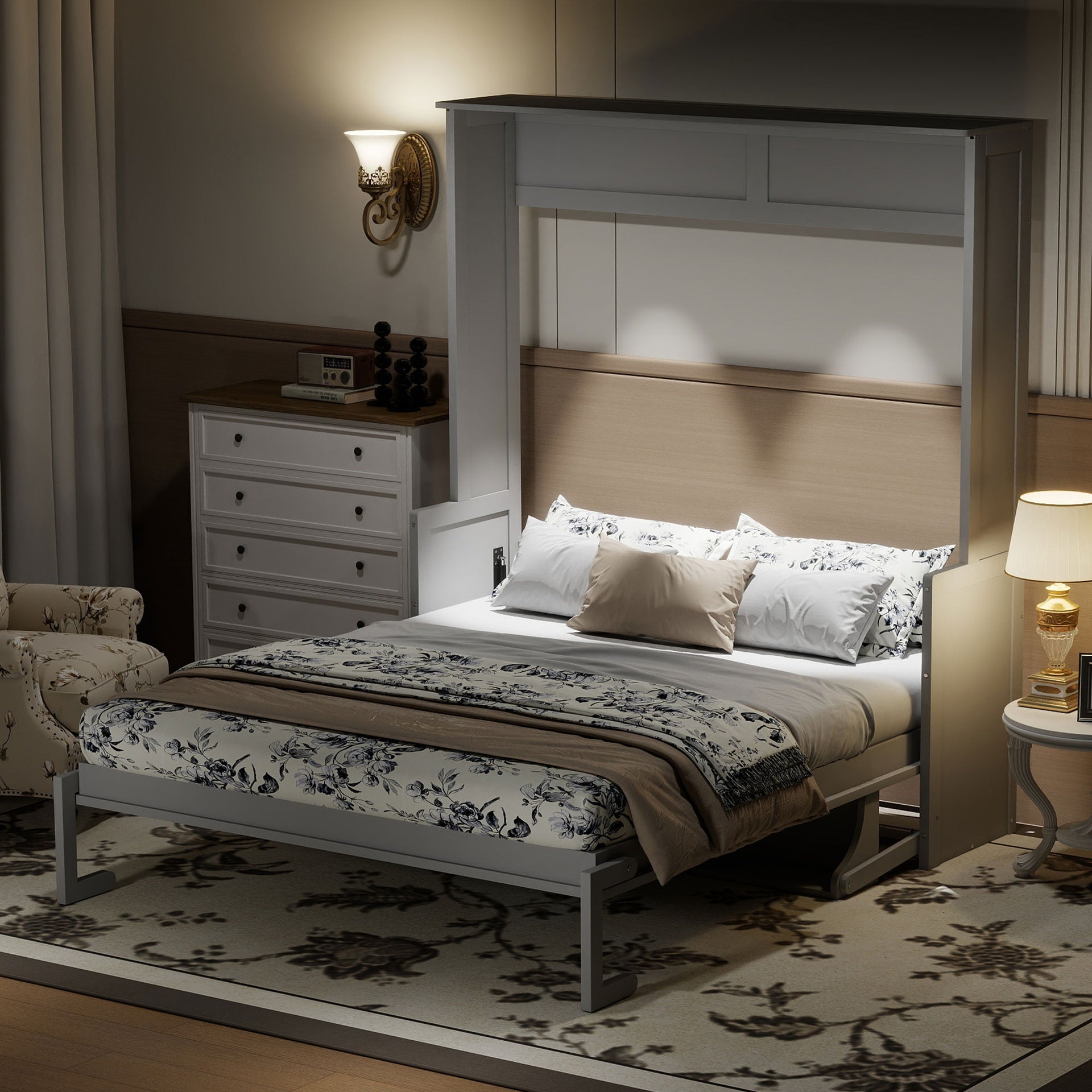 Queen Size Murphy Bed with Desk,LED Lights and USB Charging Station,Gray