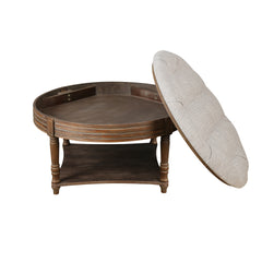 Large Round WaterProof Ottoman Coffee Table 2 Tier Oversized Button Tufted Ottoman with Wooden Shelf Storage Farmhouse Upholstered Coffee Table Living Room Footstool Ottoman Linen(Light Gray)
