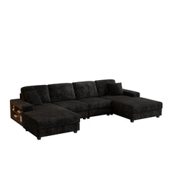 Convertible U-shaped Combination Sofa, Corduroy Fabric, Modern Comfortable Large Size 4 Seat Sofa, Living Room Double Lounge Chair,Black
