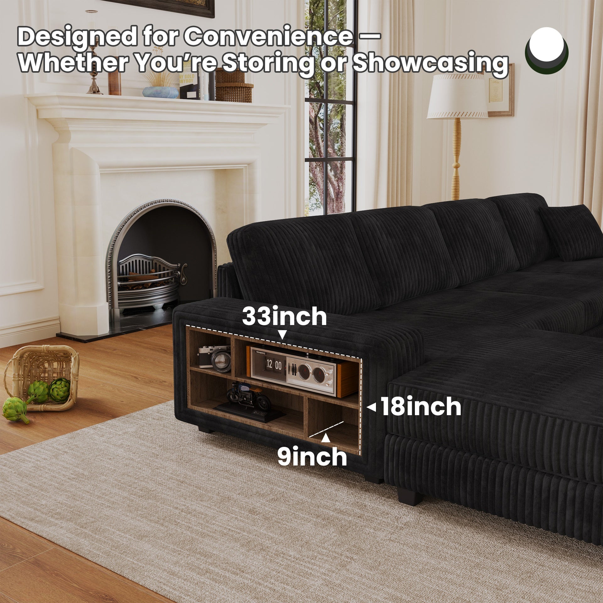 Convertible U-shaped Combination Sofa, Corduroy Fabric, Modern Comfortable Large Size 4 Seat Sofa, Living Room Double Lounge Chair,Black
