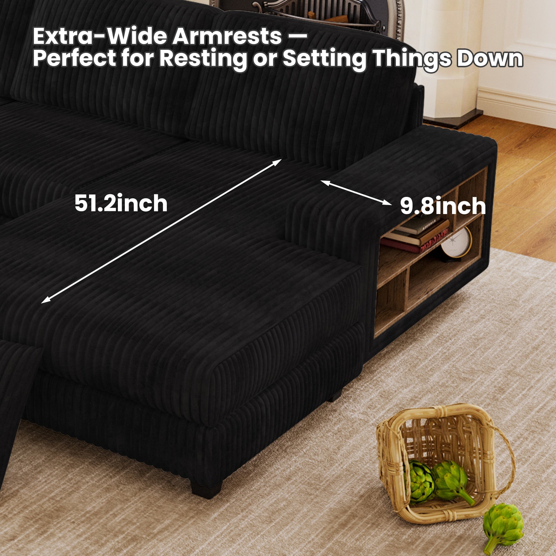 Convertible U-shaped Combination Sofa, Corduroy Fabric, Modern Comfortable Large Size 4 Seat Sofa, Living Room Double Lounge Chair,Black