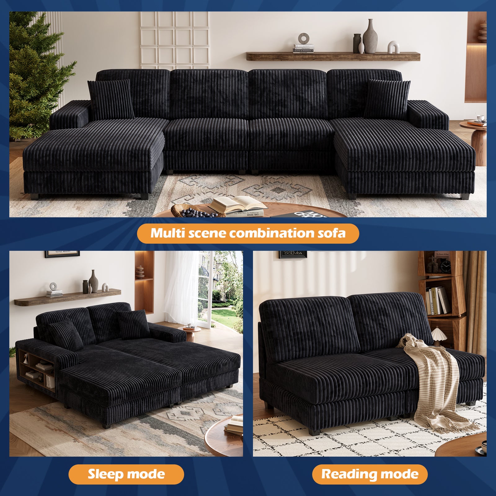 Convertible U-shaped Combination Sofa, Corduroy Fabric, Modern Comfortable Large Size 4 Seat Sofa, Living Room Double Lounge Chair,Black