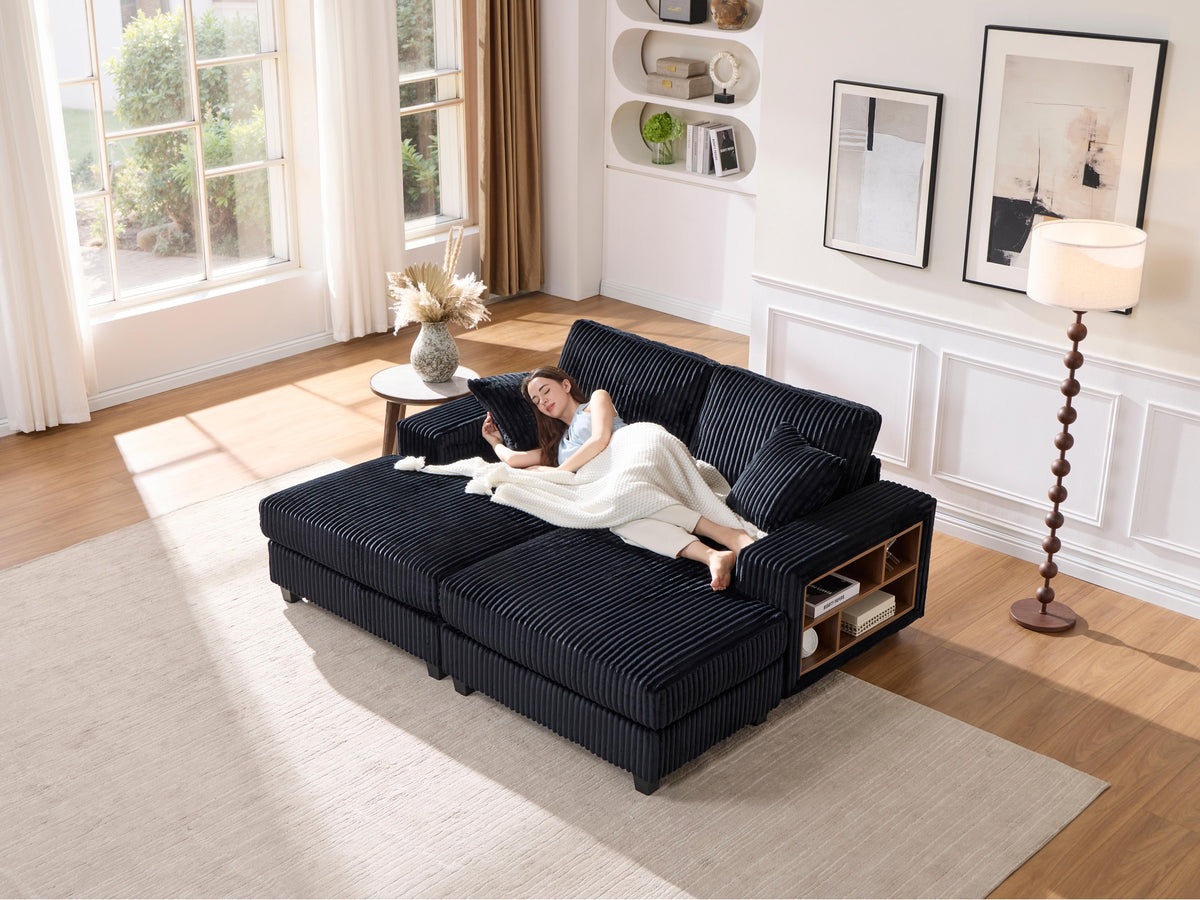 Convertible combination sofa, corduroy fabric, fluffy modern sleeper sofa chair, oversized combination living room double lounge chair,Black