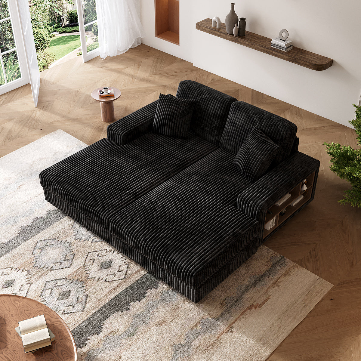 Convertible combination sofa, corduroy fabric, fluffy modern sleeper sofa chair, oversized combination living room double lounge chair,Black