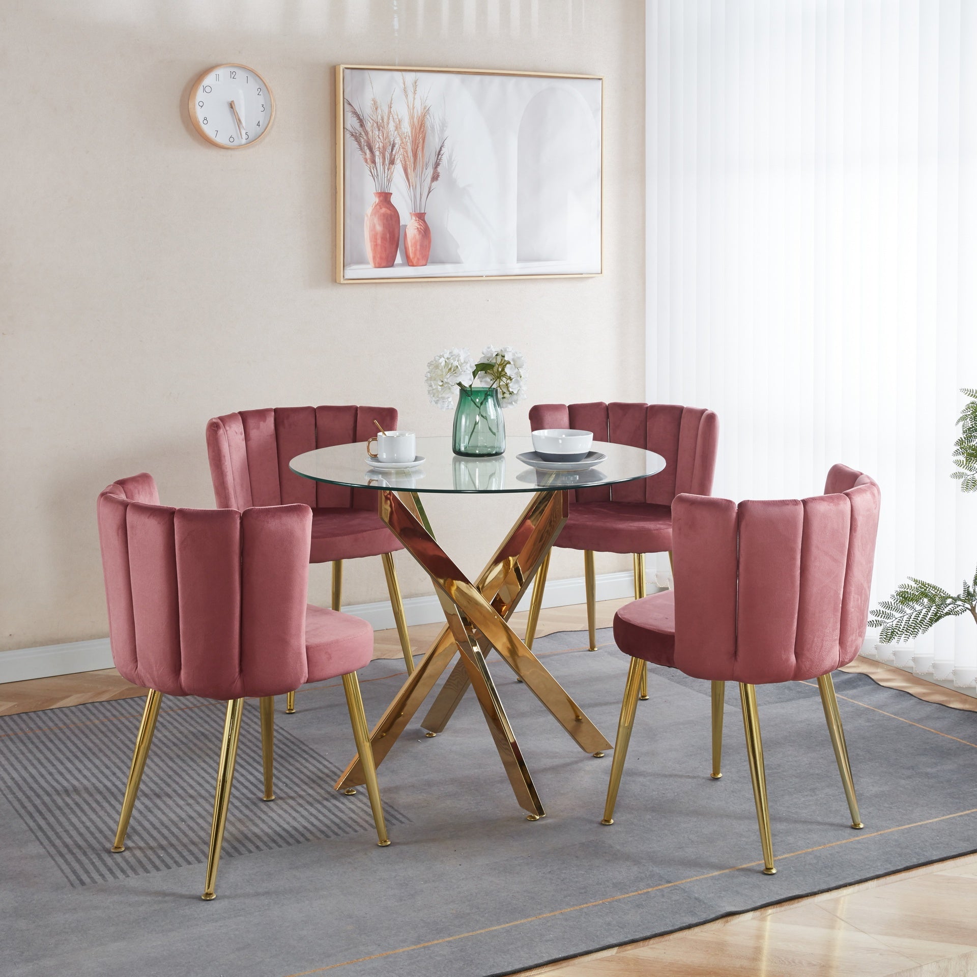 1+4,5pieces dining set, Table metal leg Mid-century Dining Table for 4-6 people With Glass Table Top, Pedestal Dining Table, End Table Leisure Coffee Table