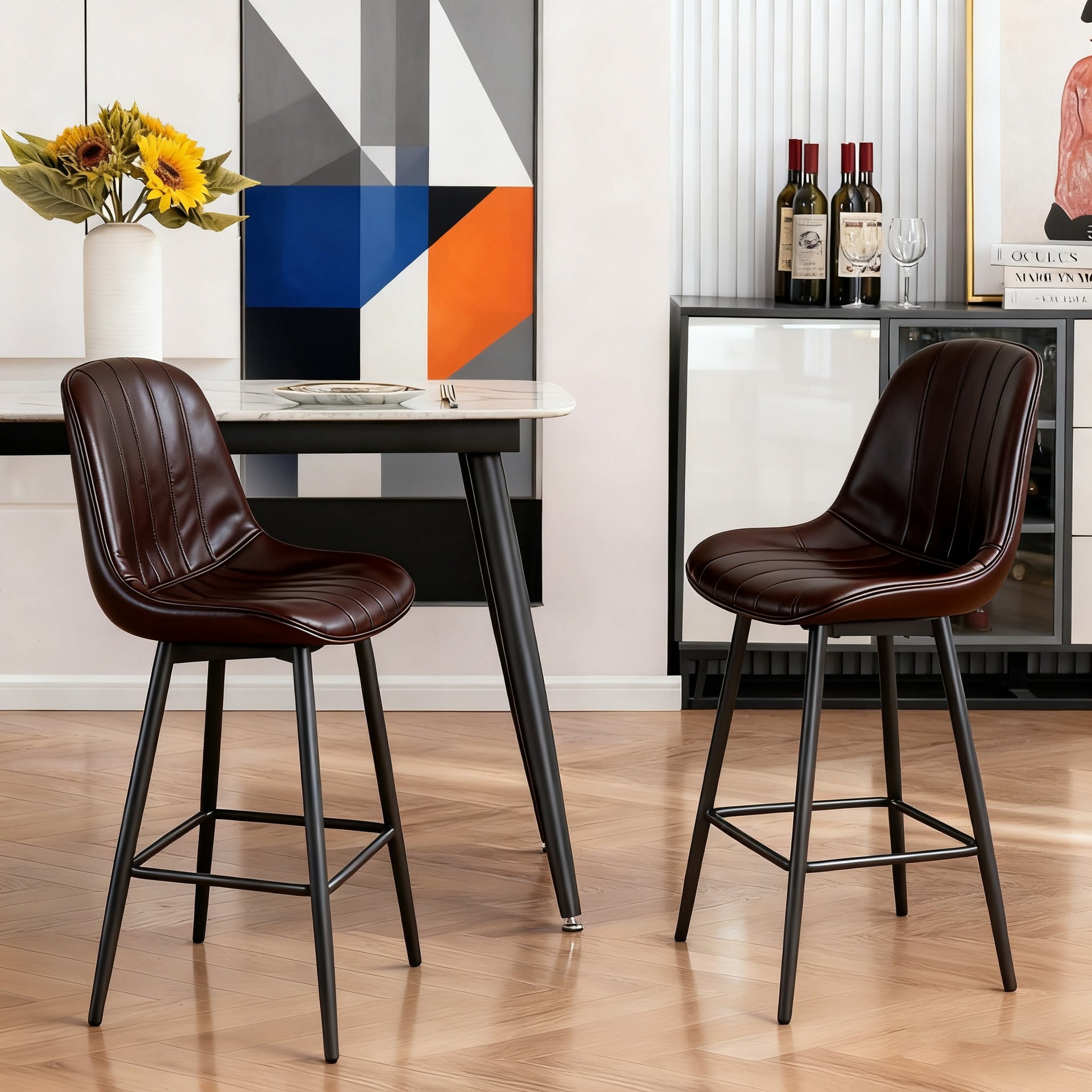 Modern Bar Stools with Swivel Mechanism, PU Padded Seats with Back Support & Metal Legs – Ideal for Kitchen Islands, Home Bars, Commercial Bars, Dark Brown(Set of 2)