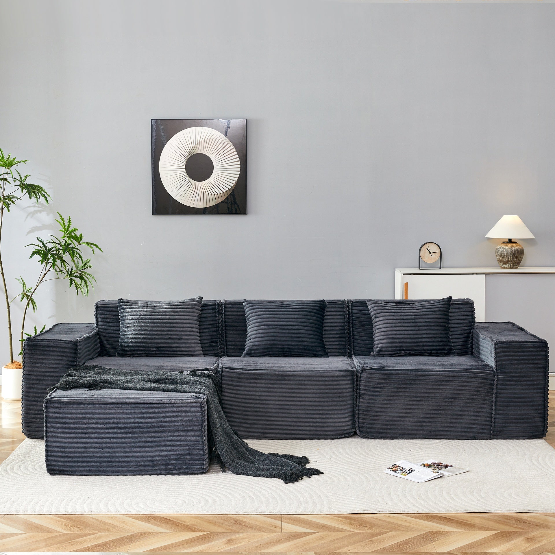 L-Shaped Modular Sectional Sofa, 3-Seater with Ottoman, Striped Corduroy Fabric, High-Density Foam For Home, Apartment, Office (Dark Gray)
