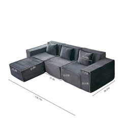 L-Shaped Modular Sectional Sofa, 3-Seater with Ottoman, Striped Corduroy Fabric, High-Density Foam For Home, Apartment, Office (Dark Gray)