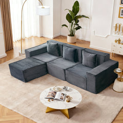 L-Shaped Modular Sectional Sofa, 3-Seater with Ottoman, Striped Corduroy Fabric, High-Density Foam For Home, Apartment, Office (Dark Gray)