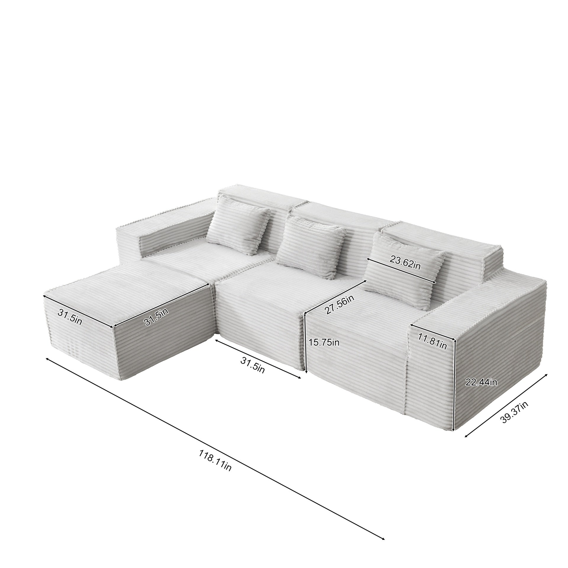 L-Shaped Modular Sectional Sofa, 3-Seater with Ottoman, Striped Corduroy Fabric, High-Density Foam For Home, Apartment, Office (Light Gray)
