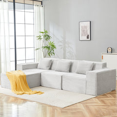 L-Shaped Modular Sectional Sofa, 3-Seater with Ottoman, Striped Corduroy Fabric, High-Density Foam For Home, Apartment, Office (Light Gray)