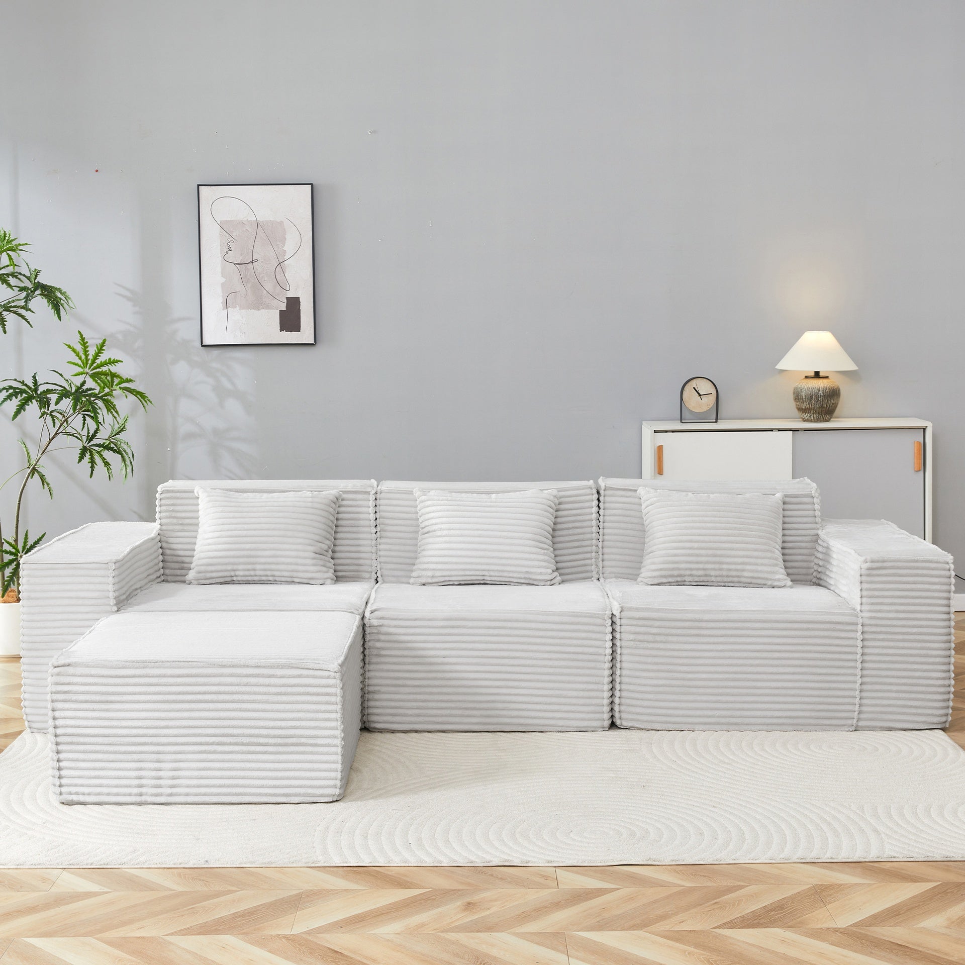 L-Shaped Modular Sectional Sofa, 3-Seater with Ottoman, Striped Corduroy Fabric, High-Density Foam For Home, Apartment, Office (Light Gray)
