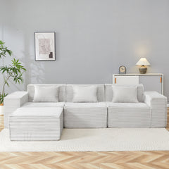 L-Shaped Modular Sectional Sofa, 3-Seater with Ottoman, Striped Corduroy Fabric, High-Density Foam For Home, Apartment, Office (Light Gray)