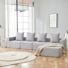4-Seat Modular Sofa Sectional with Oversized Chaise & Ottomans - Cloud Couch in Soft Corduroy Fabric for Small Spaces, Living Room, Apartment (Gray)