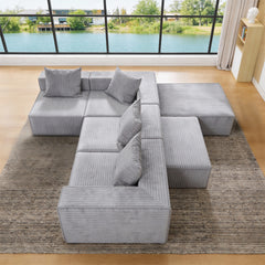 4-Seat Modular Sofa Sectional with Oversized Chaise & Ottomans - Cloud Couch in Soft Corduroy Fabric for Small Spaces, Living Room, Apartment (Gray)