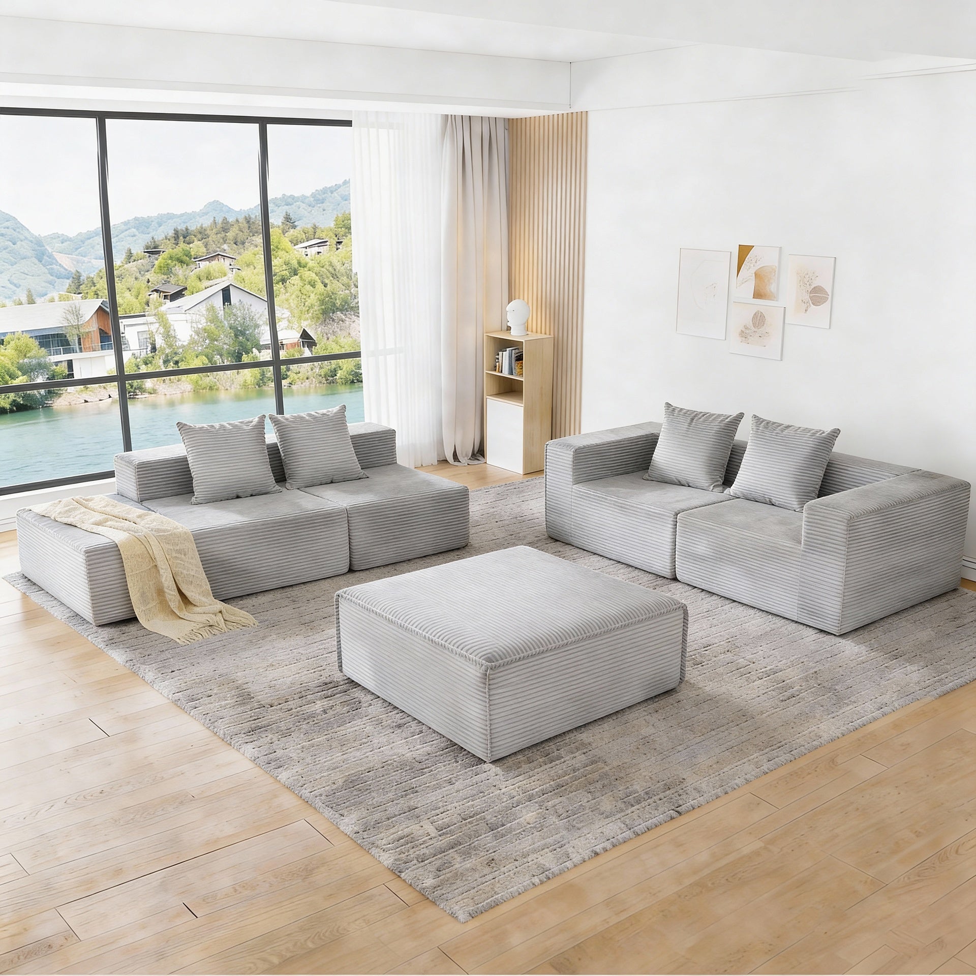 4-Seat Modular Sofa Sectional with Oversized Chaise & Ottomans - Cloud Couch in Soft Corduroy Fabric for Small Spaces, Living Room, Apartment (Gray)
