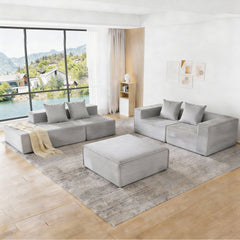 4-Seat Modular Sofa Sectional with Oversized Chaise & Ottomans - Cloud Couch in Soft Corduroy Fabric for Small Spaces, Living Room, Apartment (Gray)